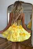 Yellow Spaghetti Straps A-Line Satin Applique Short Prom Dresses Pretty Homecoming Dress HZ1024