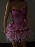Fuchsia Strapless Bodycon Beading Feathers Short Prom Dresses Fashion Homecoming Dresses HZ1024