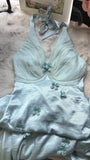 Grey Blue V Neck Sheath Satin Prom Dresses Fashion Party Dress with Applique HZ1024