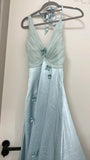 Grey Blue V Neck Sheath Satin Prom Dresses Fashion Party Dress with Applique HZ1024