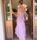 Purple Halter A-Line Guest Dresses Chiffon Ruffles Long Prom Dresses Birthday Dresses HZ1024