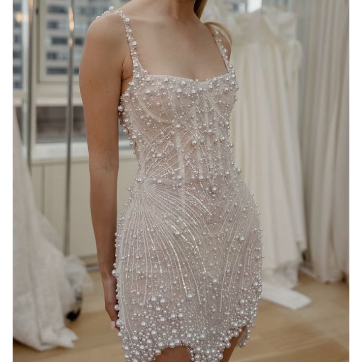 White Square Neck Sheath Beaded Short Wedding Dress Birthday Evening Gowns HZ1024