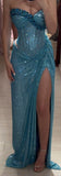 Turquoise Strapless Sheath Glitter Two-Piece Prom Dresses Formal Evening Gowns with Slits HZ1024