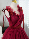 V Neck Tulle Burgundy Long Prom Dress, Burgundy Long Evening Dresses HZ1024
