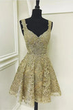 Gold Sweetheart Neck A-Line Tulle Sequin Short Prom Dresses Sweet 16 Dress HZ1024