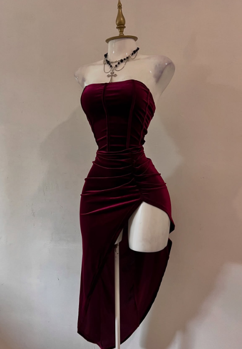 Burgundy Strapless Party Dress Bodycon Satin Short Evening Gowns Sexy Birthday Dresses HZ1024
