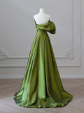 Line V Neck Satin Green Long Prom Dress, Green Long Formal Dress HZ1024