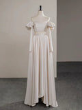 Two Pieces Satin Champagne Long Prom Dress, Champagne Long Formal Dress HZ1024