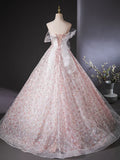 Tulle Lace Sequin Pink Long Prom Dress, Pink Long Graduation Dress HZ1024
