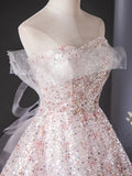Tulle Lace Sequin Pink Long Prom Dress, Pink Long Graduation Dress HZ1024