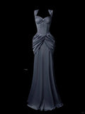 Mermaid Sweetheart Neck Evening Dress Modest Dark Gray Satin Long Birthday Prom Dress Formal Dress HZ1024