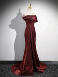 Off Shoulder Burgundy Long Prom Dress, Burgundy Long Formal Dress HZ1024