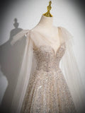 Scoop Neckline Tulle Champagne Long Prom Dress, Champagne Sequin Evening Dress HZ1024