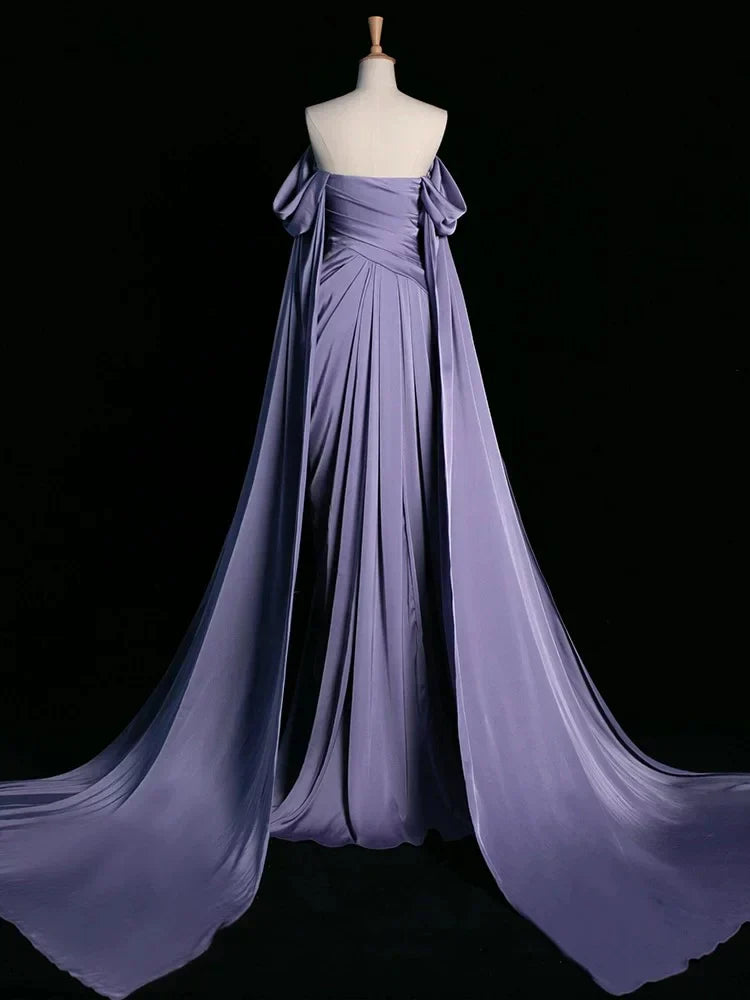 Purple A-Line Off Shoulder Satin Long Prom Dress Formal Evening Dress HZ1024