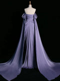 Purple A-Line Off Shoulder Satin Long Prom Dress Formal Evening Dress HZ1024