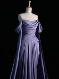 Purple A-Line Off Shoulder Satin Long Prom Dress Formal Evening Dress HZ1024
