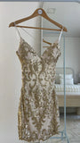 Spaghetti Strap Sheath Short Prom Dresses Sequined Backless Birthday Dresses Gold Sleeveless Homecoming Dresses HZ1024