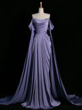 Purple A-Line Off Shoulder Satin Long Prom Dress Formal Evening Dress HZ1024