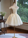 Off Shoulder Satin Lace Short Prom Dress, Champagne Homecoming Dress HZ1024