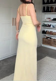 Sheath Long Prom Dresses, Chiffon Butter Yellow Formal Dresses, Spaghetti Straps Birtdhay Dresses HZ1024