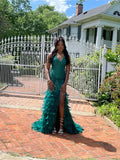 Spaghetti Strap Sheath Long Prom Dresses Feather Applique Green Evening Dresses with Slits HZ1024