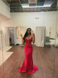 Sweetheart Neck Mermaid Long Prom Dresses Satin Applique Beading Red New Year's Evening Dresses HZ1024