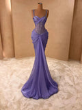 Spaghetti Strap Mermaid Long Prom Dresses Chiffon Beaded Lavender New Year's Eve Dresses HZ1024