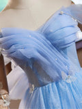 Sweetheart Neck Off Shoulder Blue Short Prom Dress with Beads HZ1024