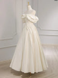 Shoulder A-Line Satin Beige Long Prom Dress, Beige Long Formal Dress HZ1024