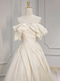 Shoulder A-Line Satin Beige Long Prom Dress, Beige Long Formal Dress HZ1024