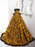 Yellow Satin Lace Long Prom Dress, Yellow Long Evening Dress HZ1024