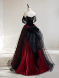 Off Shoulder Tulle Black/Burgundy Long Prom Dress HZ1024