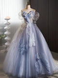 Off Shoulder Tulle Flower Blue Long Prom Dress, Blue Long Formal Dress HZ1024