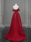 Off Shoulder Tulle Lace Burgundy Long Prom Dress HZ1024