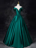 Off Shoulder Satin Green Long Prom Dress, Green Long Formal Dress HZ1024