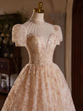 Champagne Pink Tulle Lace Tea Length Prom Dress with Beads HZ1024