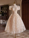 Champagne Pink Tulle Lace Tea Length Prom Dress with Beads HZ1024