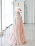 Off Shoulder Tulle Beads Pink Long Prom Dress, Pink Tulle Long Formal Dress HZ1024