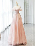 Off Shoulder Tulle Beads Pink Long Prom Dress, Pink Tulle Long Formal Dress HZ1024