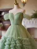 Off Shoulder Sweetheart Neck Tulle Green Long Prom Dress HZ1024