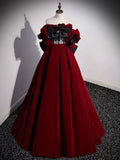 Off Shoulder Velvet Lace Burgundy Long Prom Dress, Burgundy Long Formal Dress HZ1024