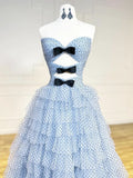 Sweetheart Neck Polka Dots Tulle Blue Long Prom Dress, Blue Long Formal Dress HZ1024
