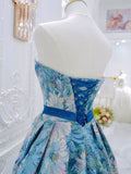 Flower Satin Blue Long Prom Dress, Blue Long Formal Dress HZ1024