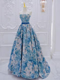 Flower Satin Blue Long Prom Dress, Blue Long Formal Dress HZ1024