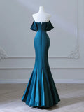Off Shoulder Satin Ink Blue Long Prom Dress, Ink Blue Long Formal Dress HZ1024