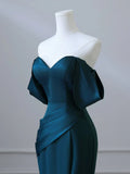 Off Shoulder Satin Ink Blue Long Prom Dress, Ink Blue Long Formal Dress HZ1024