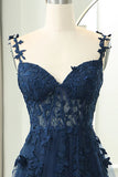 Elegant Sweetheart Neck Tulle Lace Dark Blue Long Prom Dress, Dark Blue Long Evening Dress HZ1024