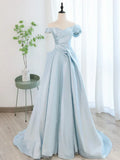 Blue Satin Tulle Long Prom Dress, Blue Tulle Long Evening Dresses HZ1024