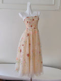 Tulle Sequin Beads Champagne Tea Length Prom Dress, Champagne Homecoming Dress HZ1024