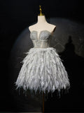 Sweetheart Neck Tulle Beads Feather Short Prom Dress, Cute Gray Homecoming Dress HZ1024